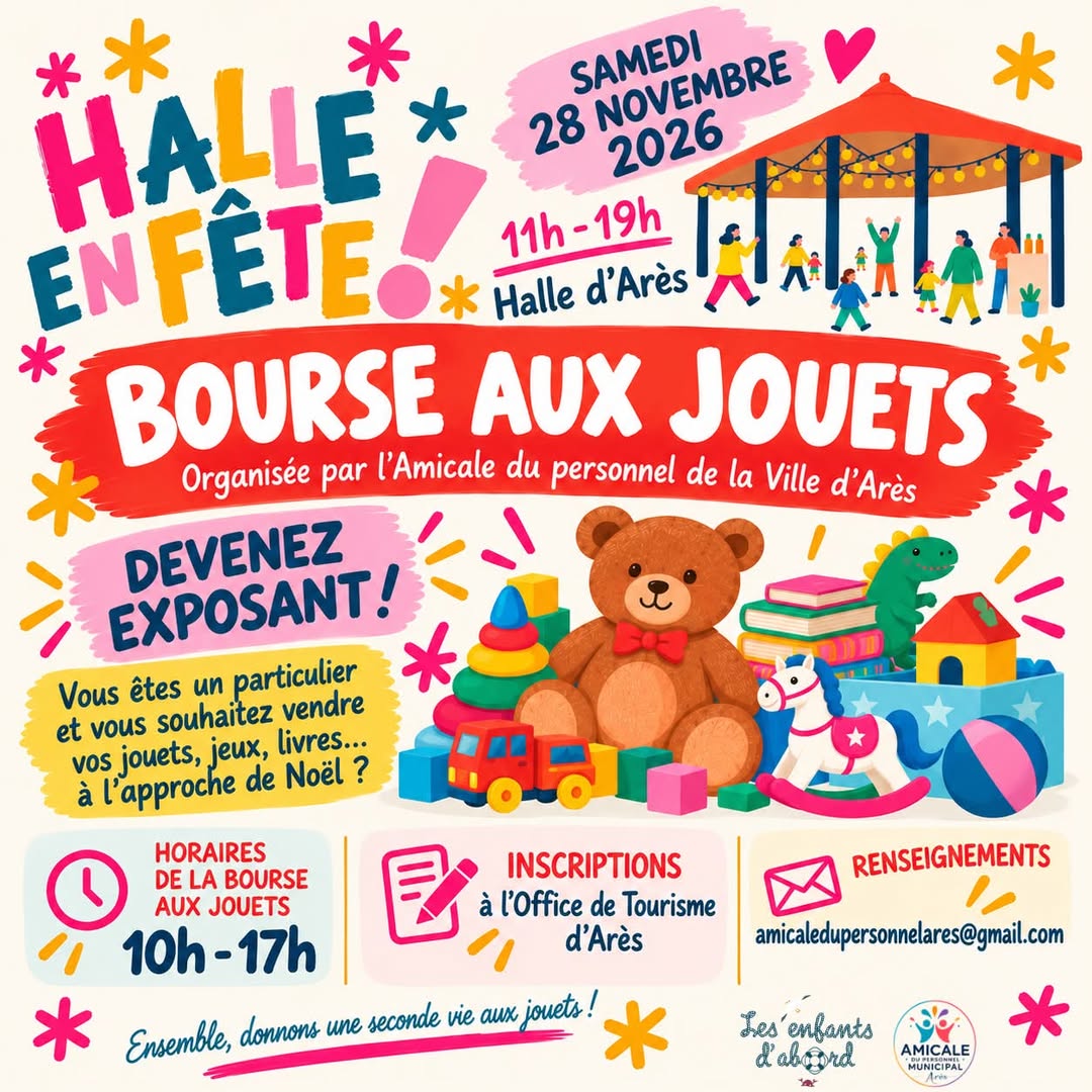 Affiche de la bourse aux jouets à la Halle d’Arès, le samedi 28 novembre 2026, de 10 h à 17 h.