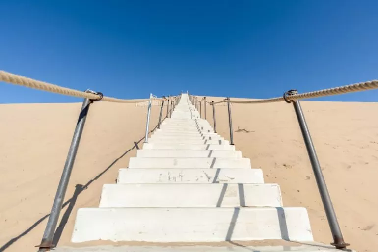 Vue des escaliers de la Dune du Pilat sur le Bassin d’Arcachon